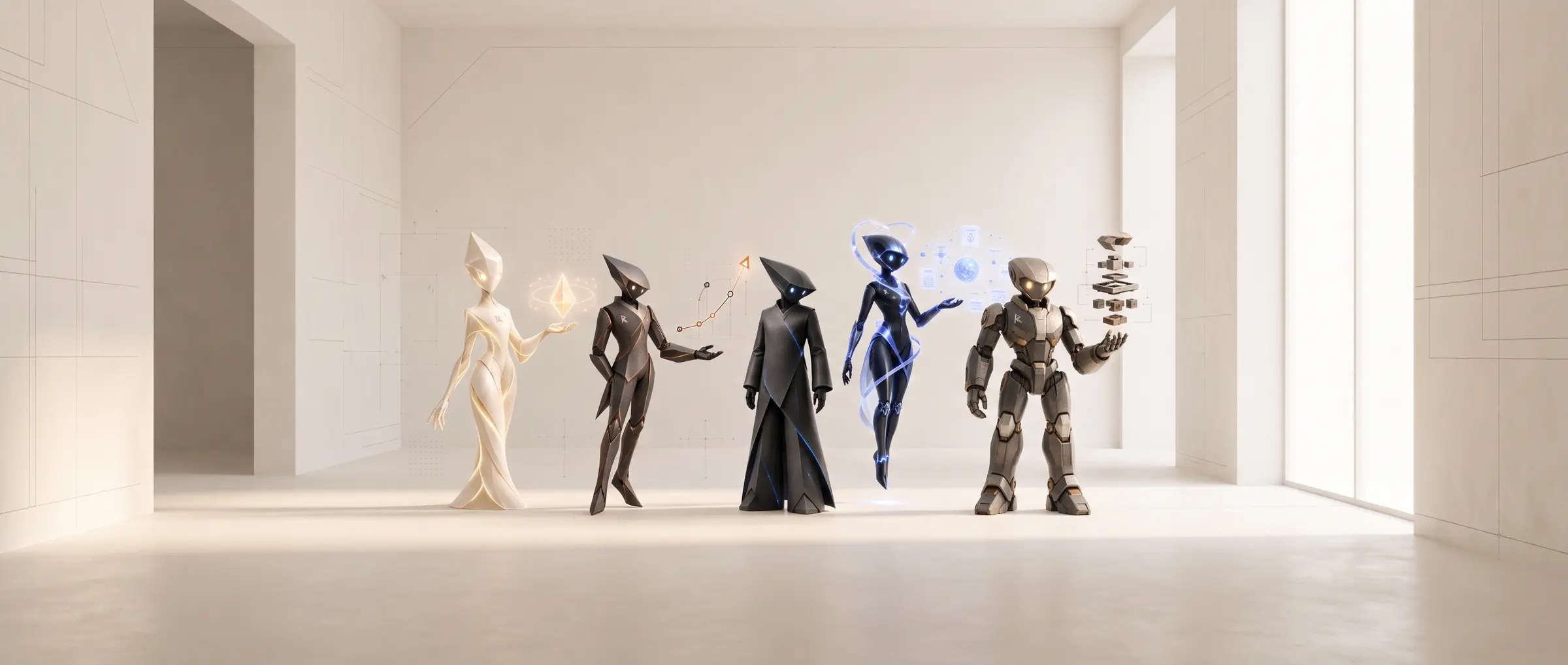 The five Reidify operators standing together in a bright ivory studio hall: KAIRO, VEKTOR, RION, ORBYT, and FORJA.
